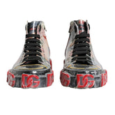 Pair of high-top sneakers with transparent soles and red and black text on a white background